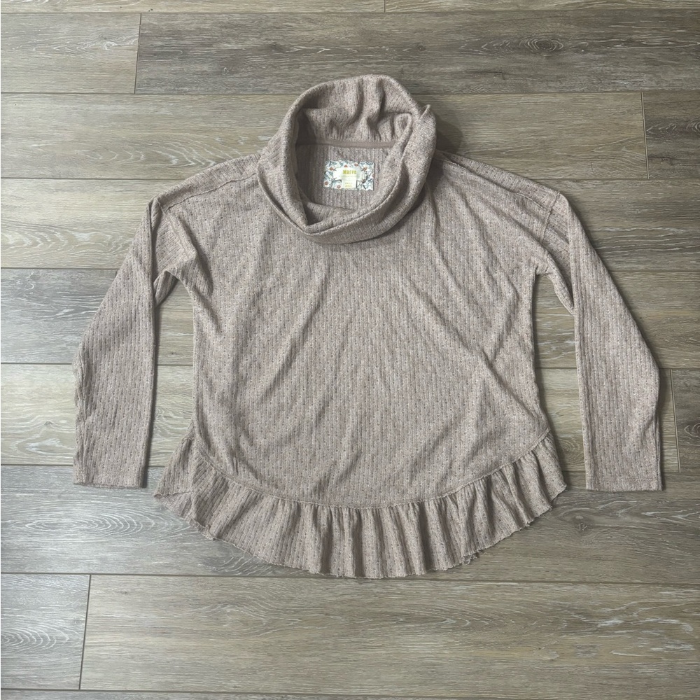Maeve Anthropologie Sweater Sz S Addie Cowl Neck Hacci Ruffle Hem Crop Oversize